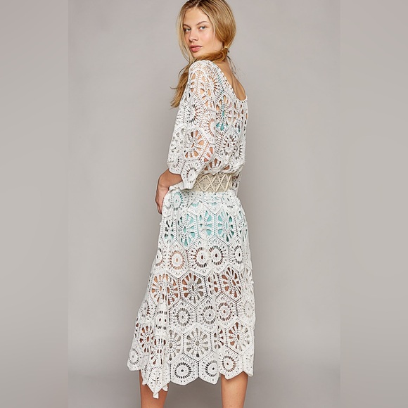 239. POL LAST 1! Cover Up Dress Women's Oversized White Crochet Crewneck - Picture 2 of 4